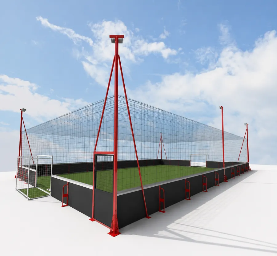 Cage de foot à 5 fermée avec structure rouge, gazon et buts