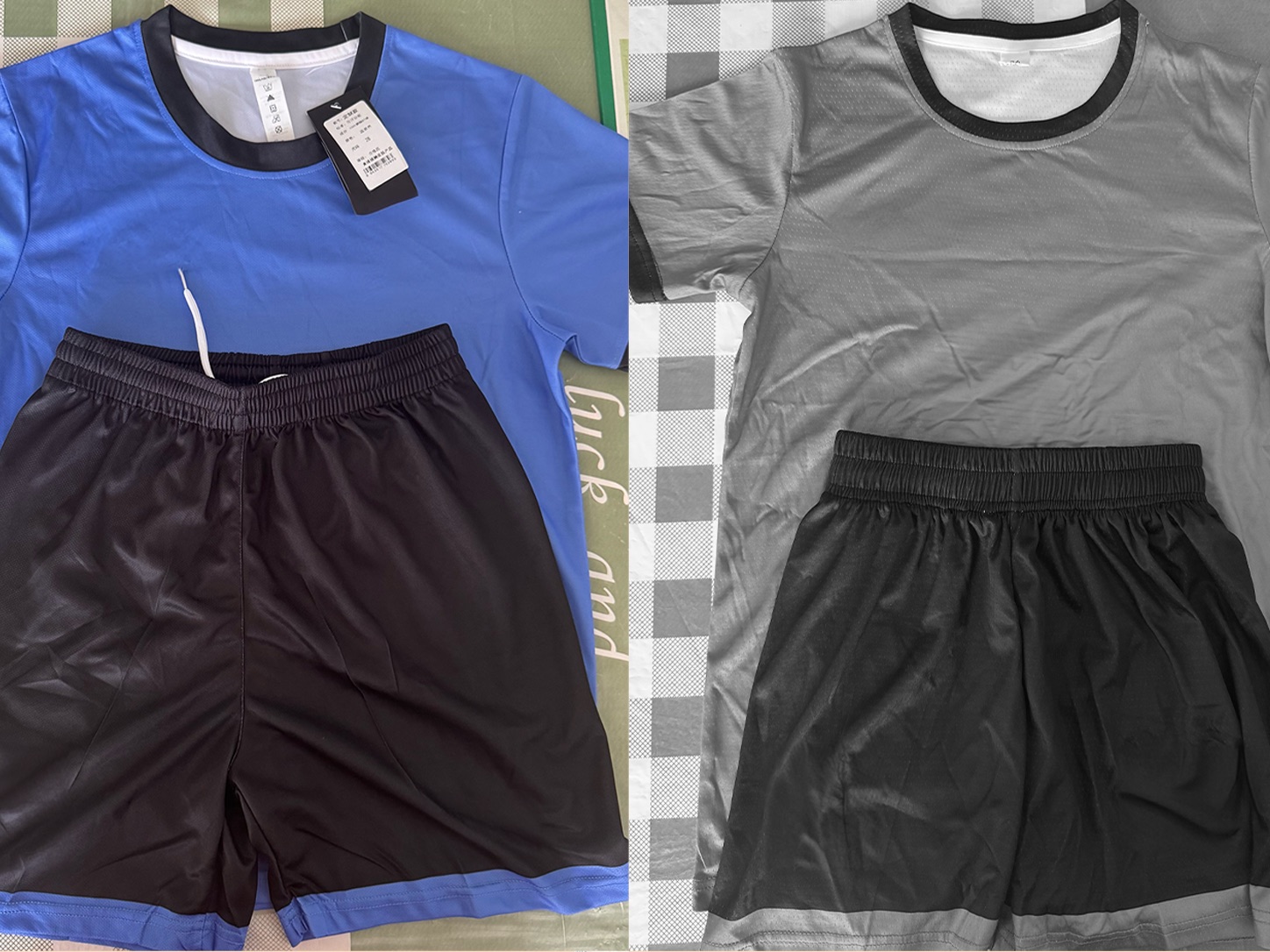 Deux échantillons du même ensemble maillot et short, disposés côte à côte pour comparaison