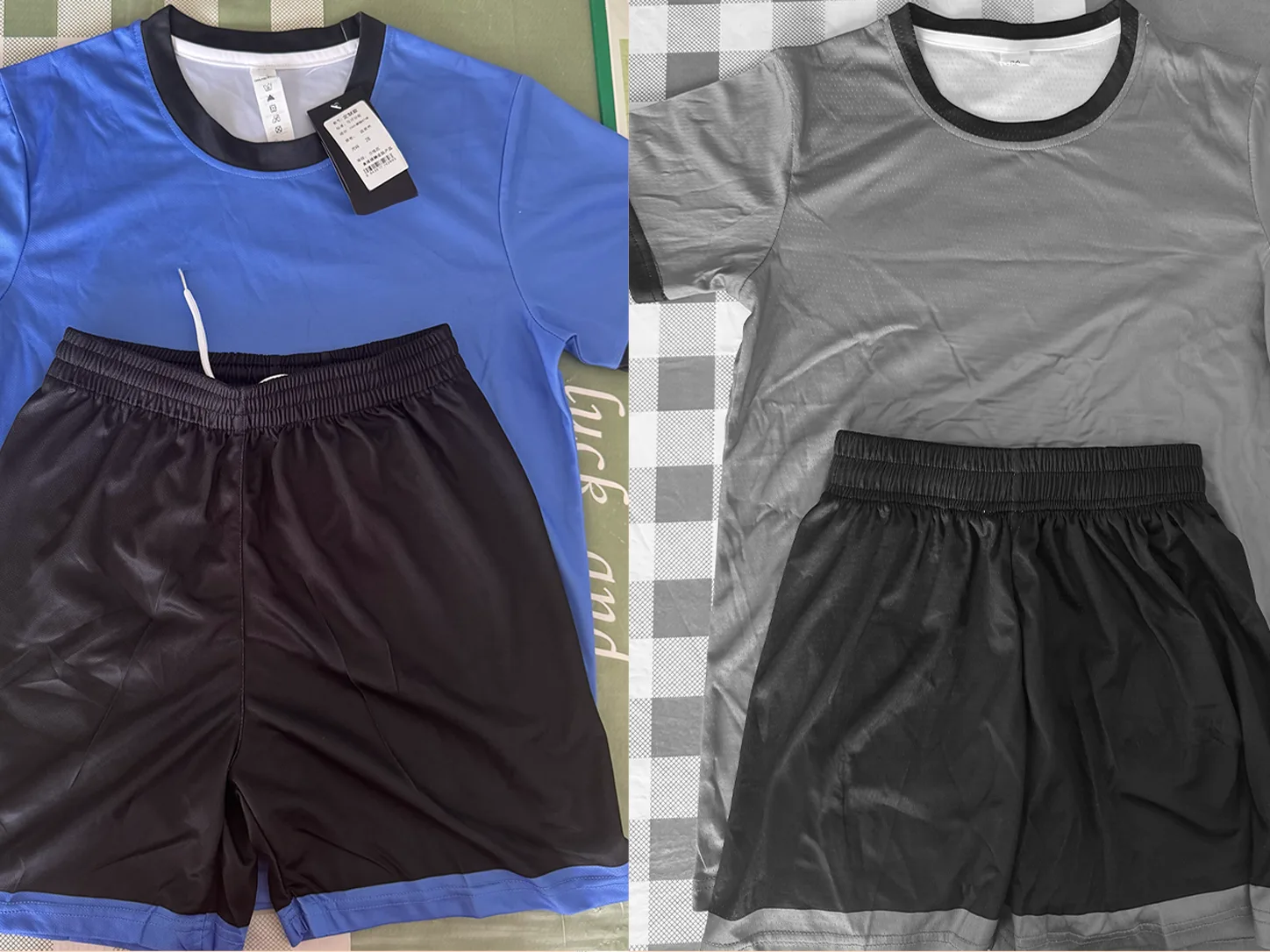 Deux échantillons du même ensemble maillot et short, disposés côte à côte pour comparaison