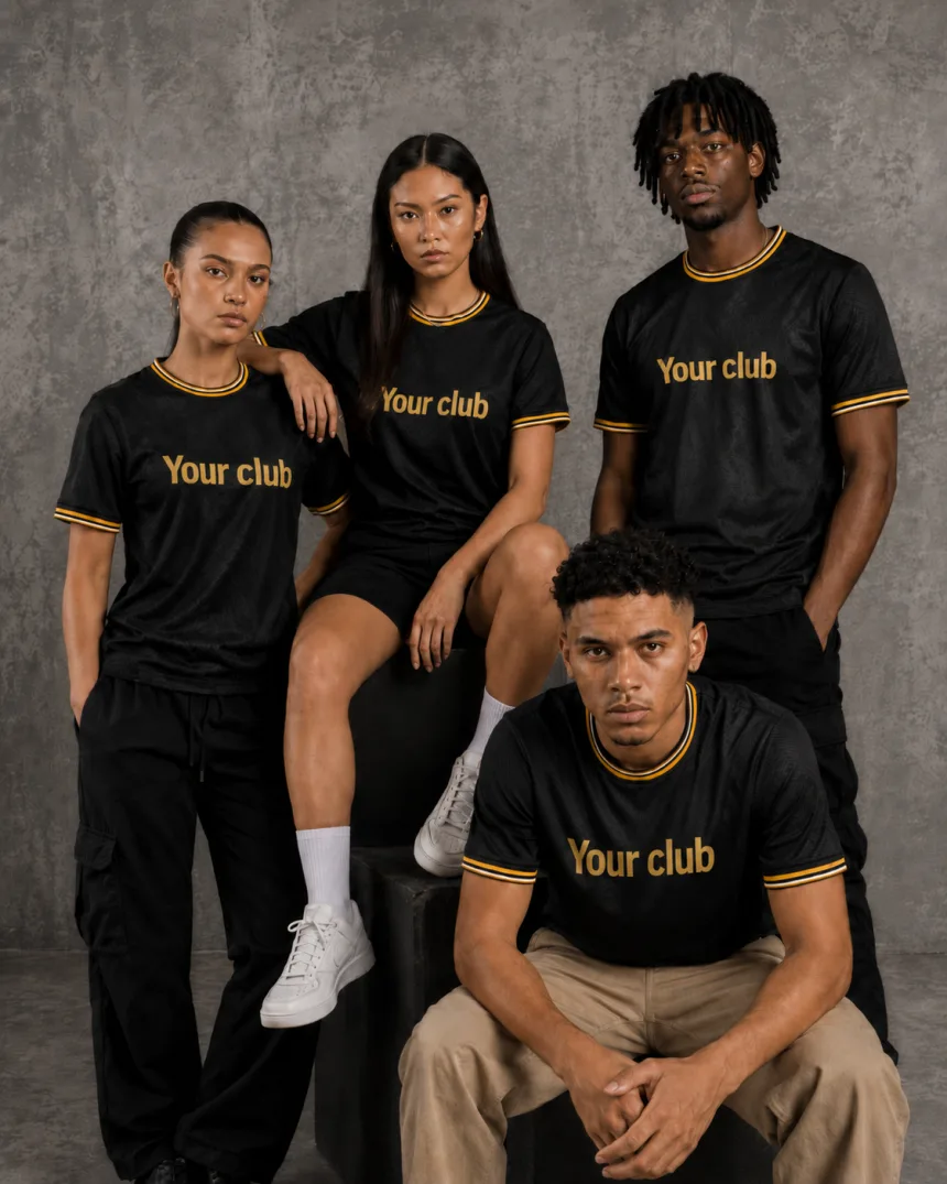 Quatre joueurs portant des kits de club noir et or personnalisés