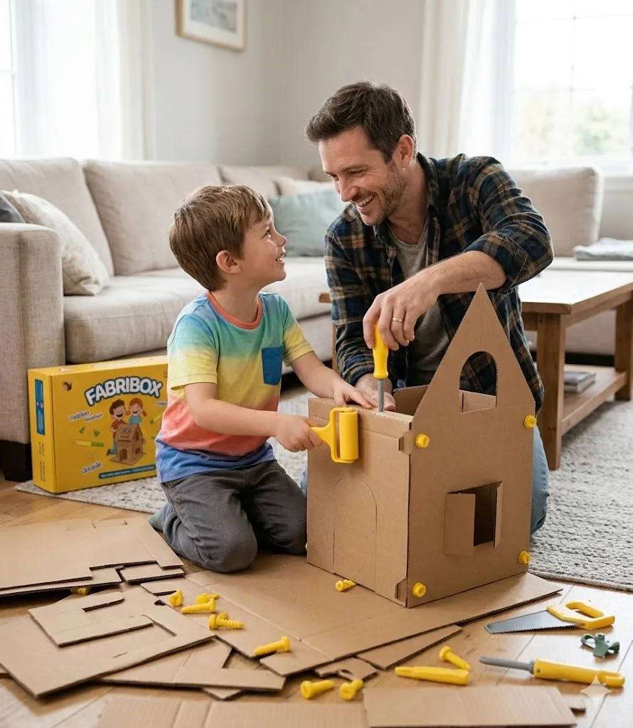 Père et fils construisant une petite maison en carton